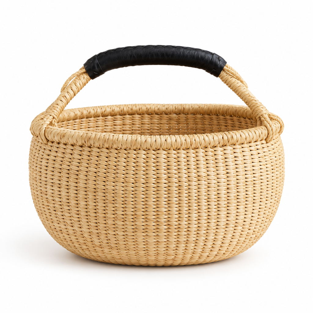 Woven Bolga Market Basket with Black Leather Handle