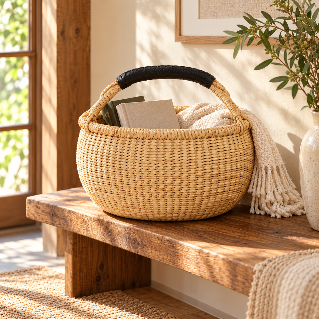 Woven Bolga Market Basket with Black Leather Handle