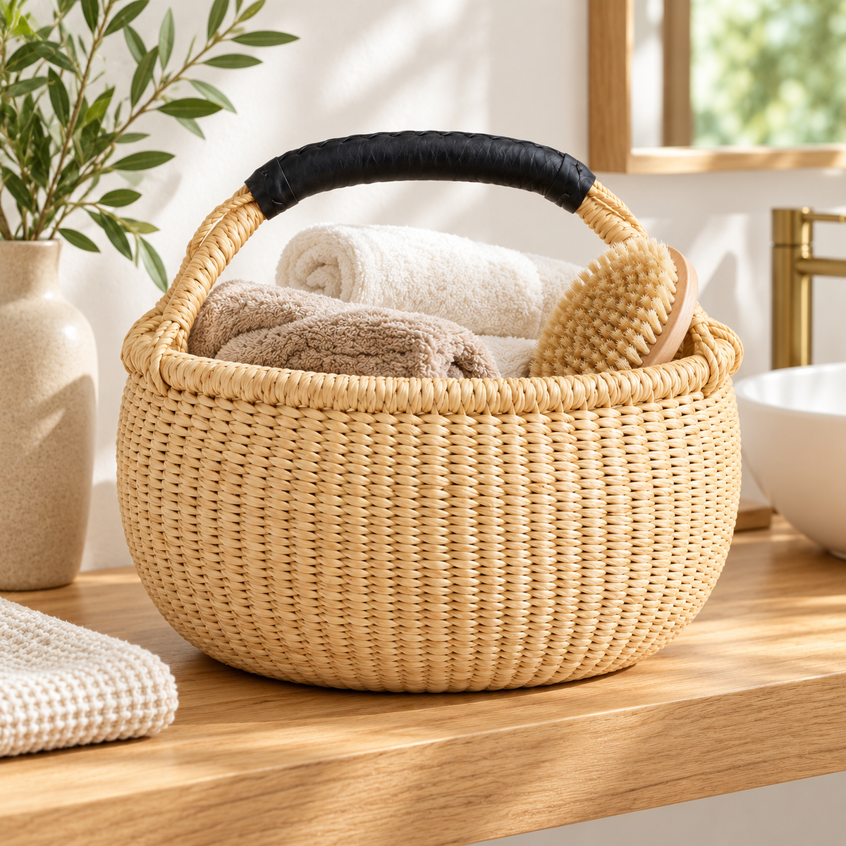 Woven Bolga Market Basket with Black Leather Handle