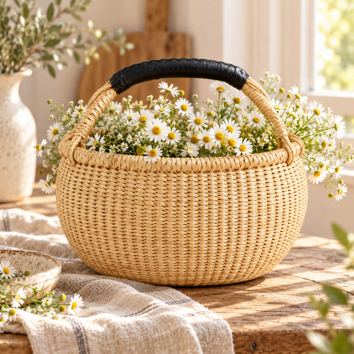 Woven Bolga Market Basket with Black Leather Handle