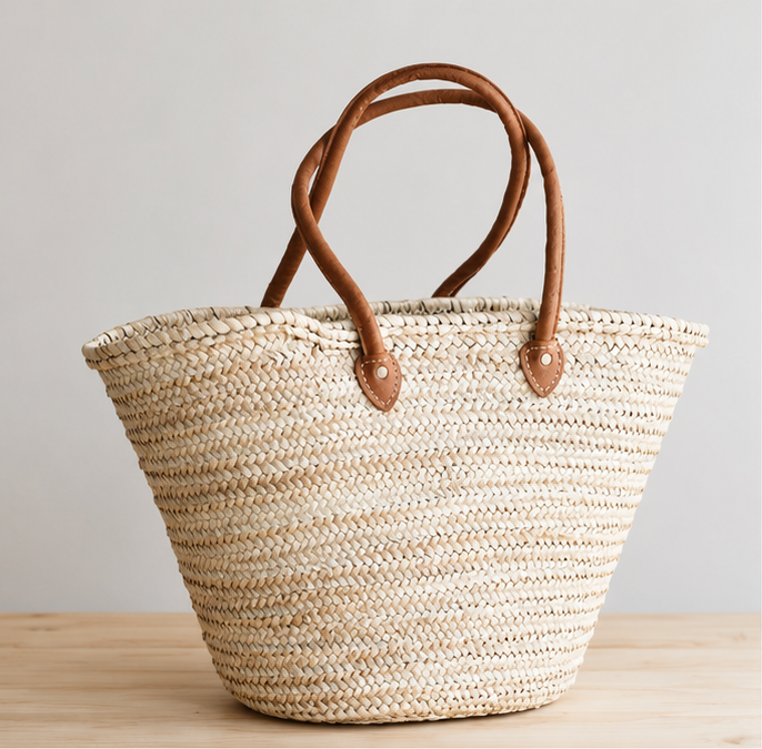 Palm Leaf Market Tote with Leather Handles