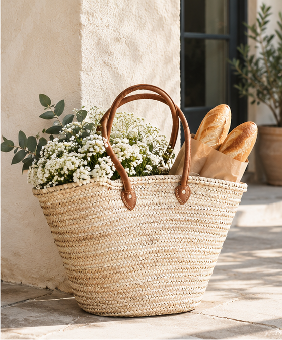Palm Leaf Market Tote with Leather Handles