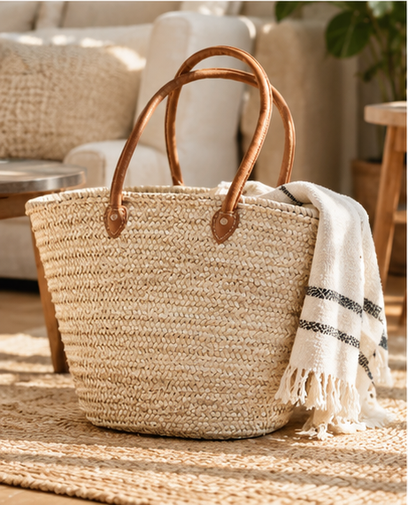 Palm Leaf Market Tote with Leather Handles