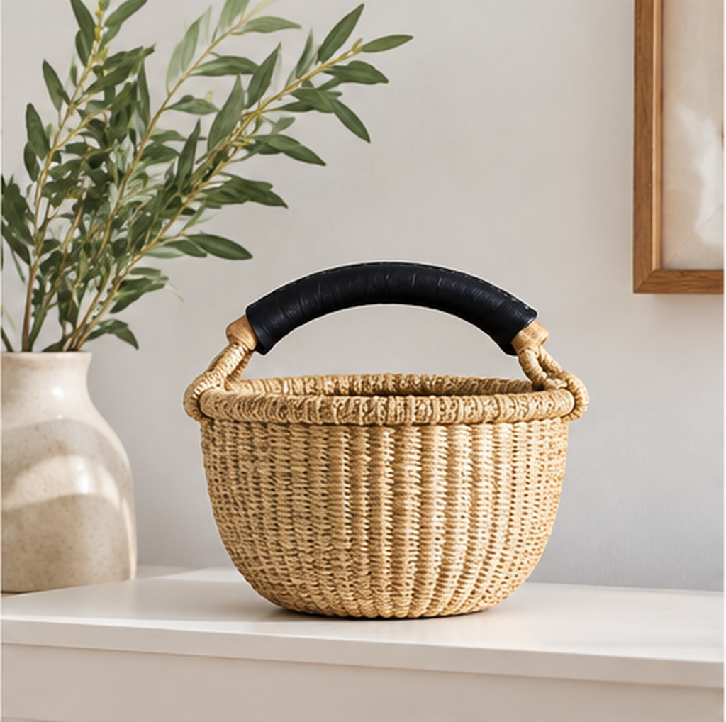 Mini Woven Bolga Market Basket with Black Leather Handle