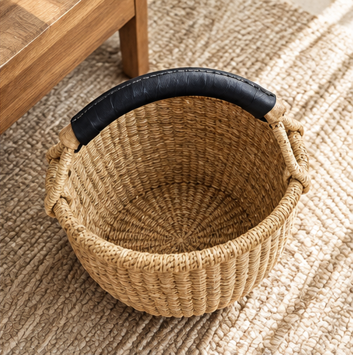 Mini Woven Bolga Market Basket with Black Leather Handle