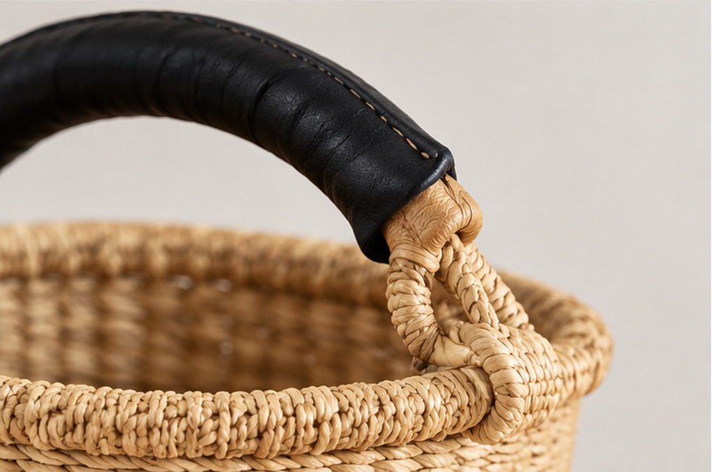 Mini Woven Bolga Market Basket with Black Leather Handle