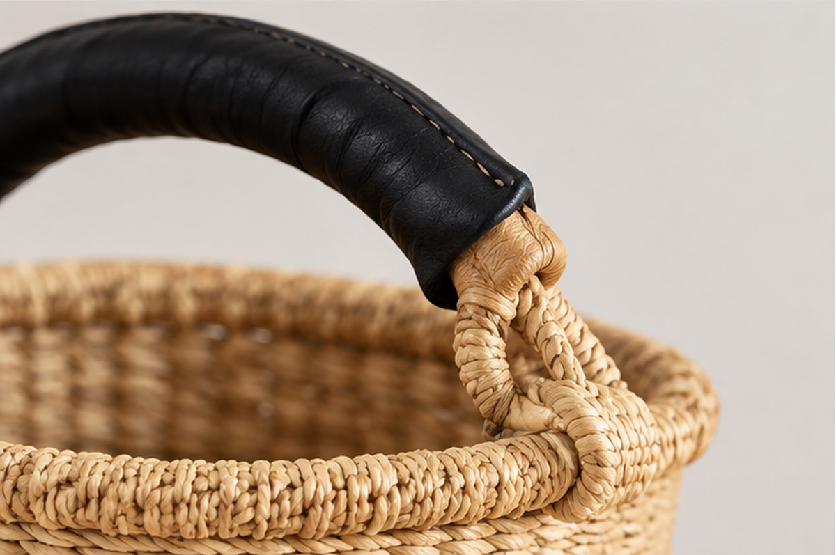 Mini Woven Bolga Market Basket with Black Leather Handle