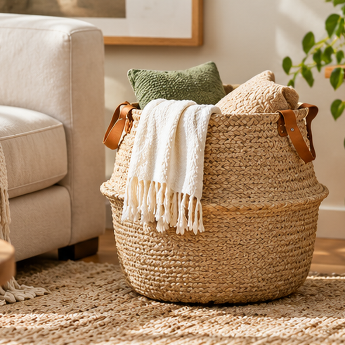 Woven Belly Storage Basket with Leather Handles