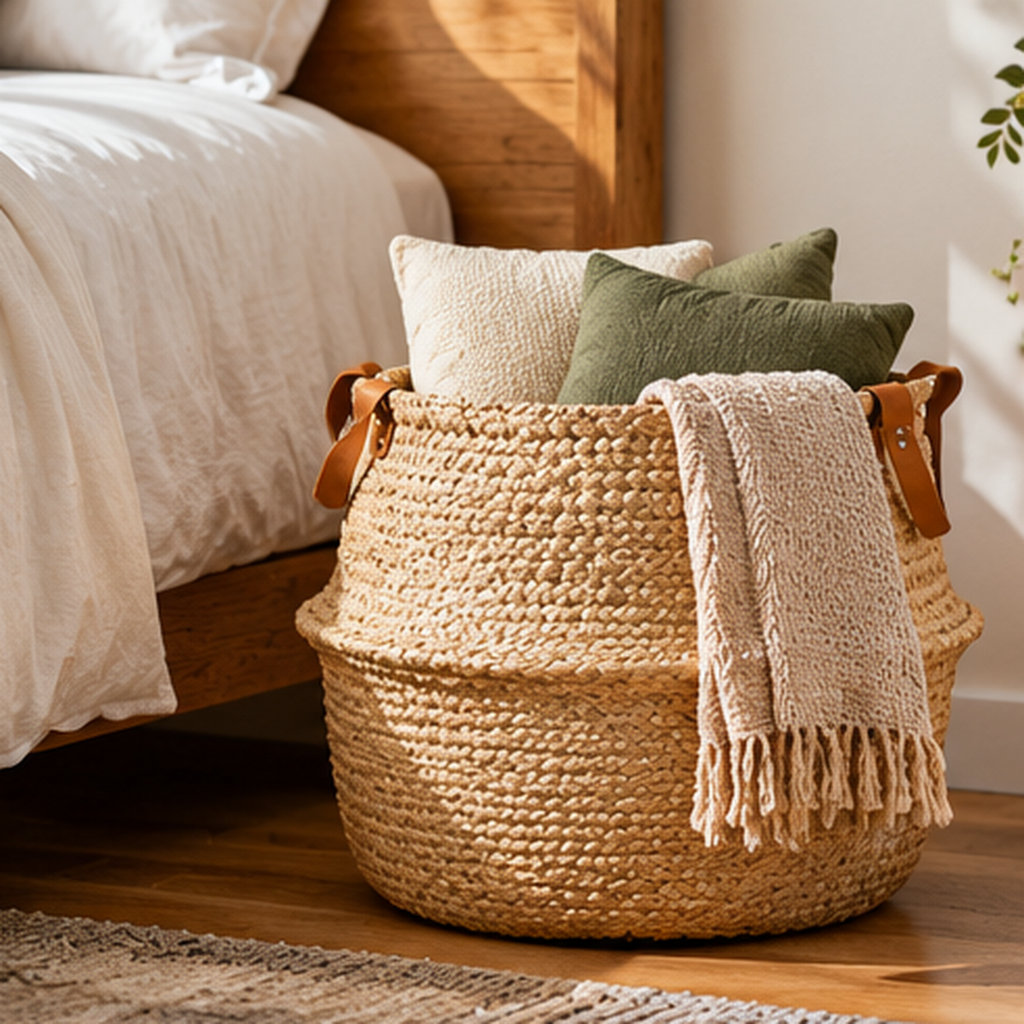 Woven Belly Storage Basket with Leather Handles