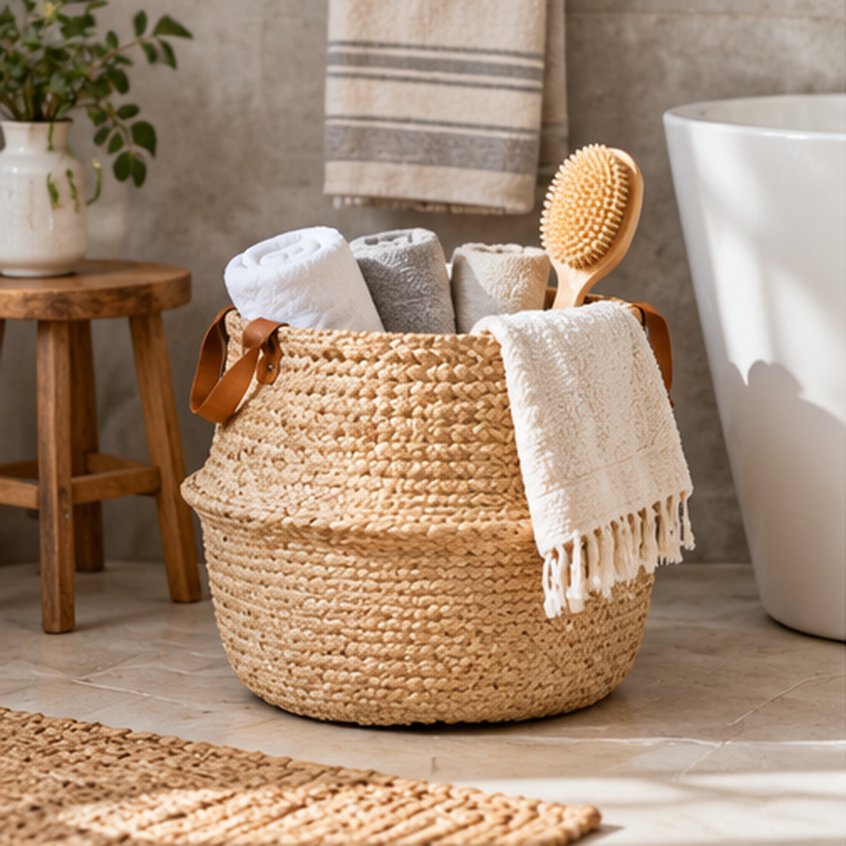 Woven Belly Storage Basket with Leather Handles