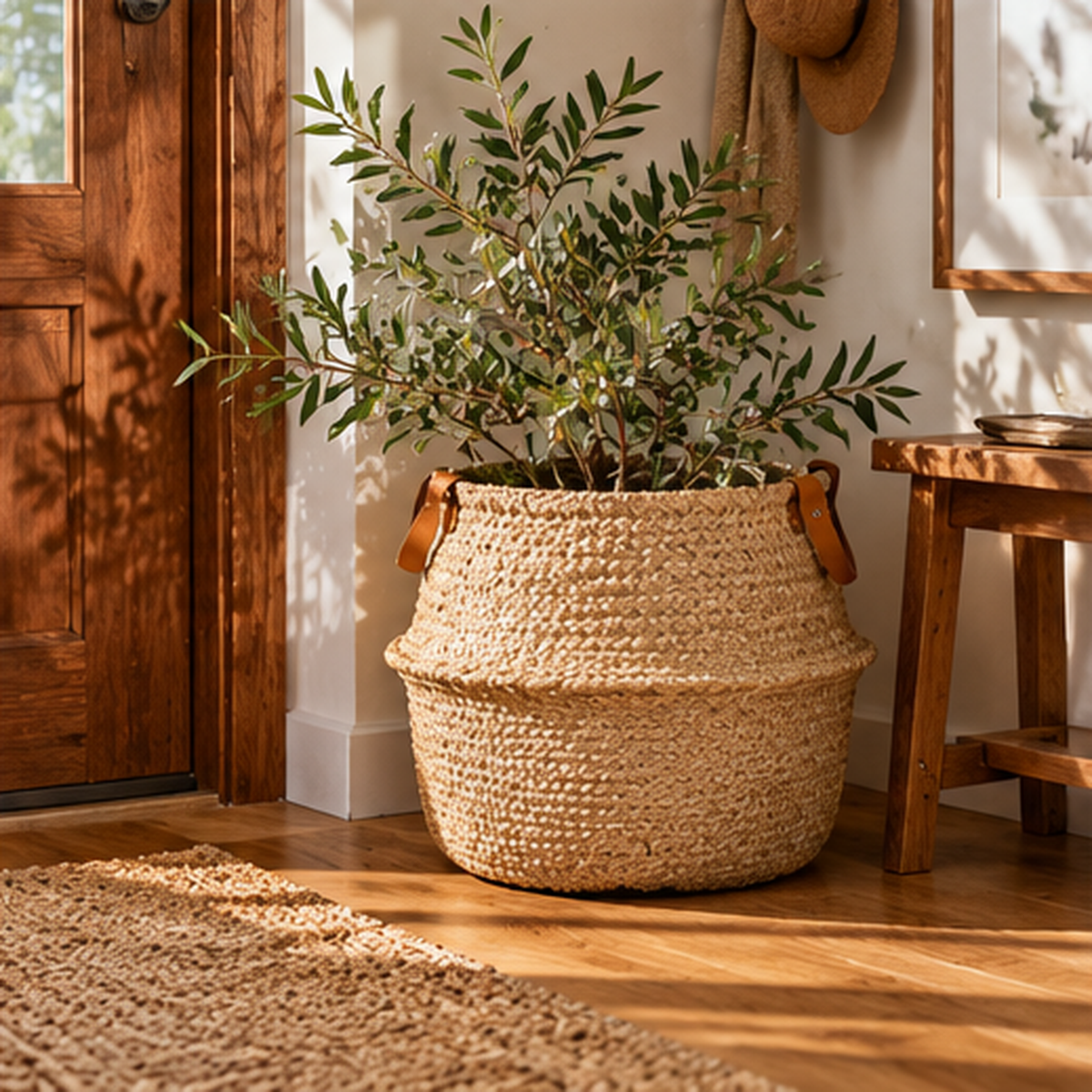 Woven Belly Storage Basket with Leather Handles