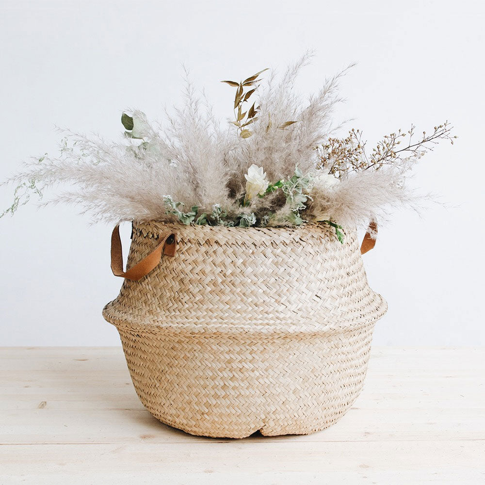 Woven Belly Storage Basket with Leather Handles - Image 1