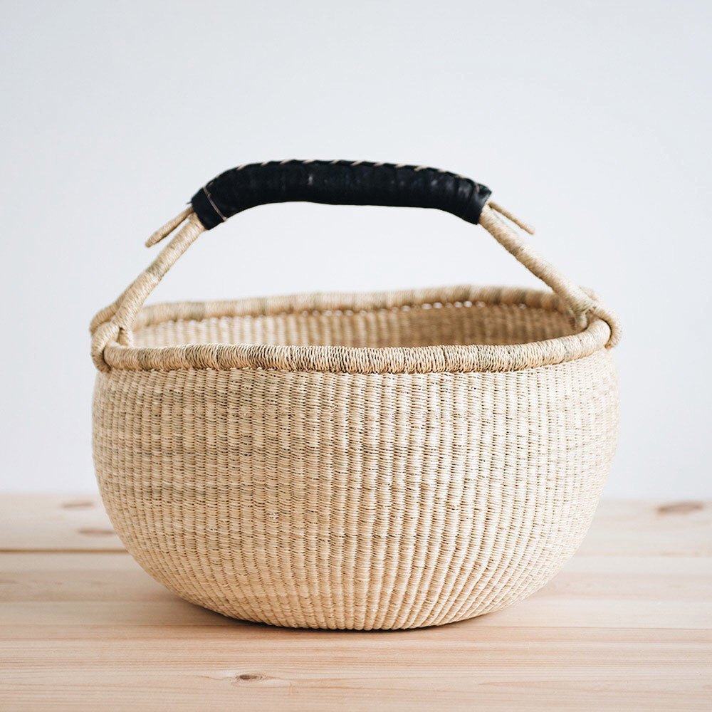 Woven Bolga Market Basket with Black Leather Handle - Image 8