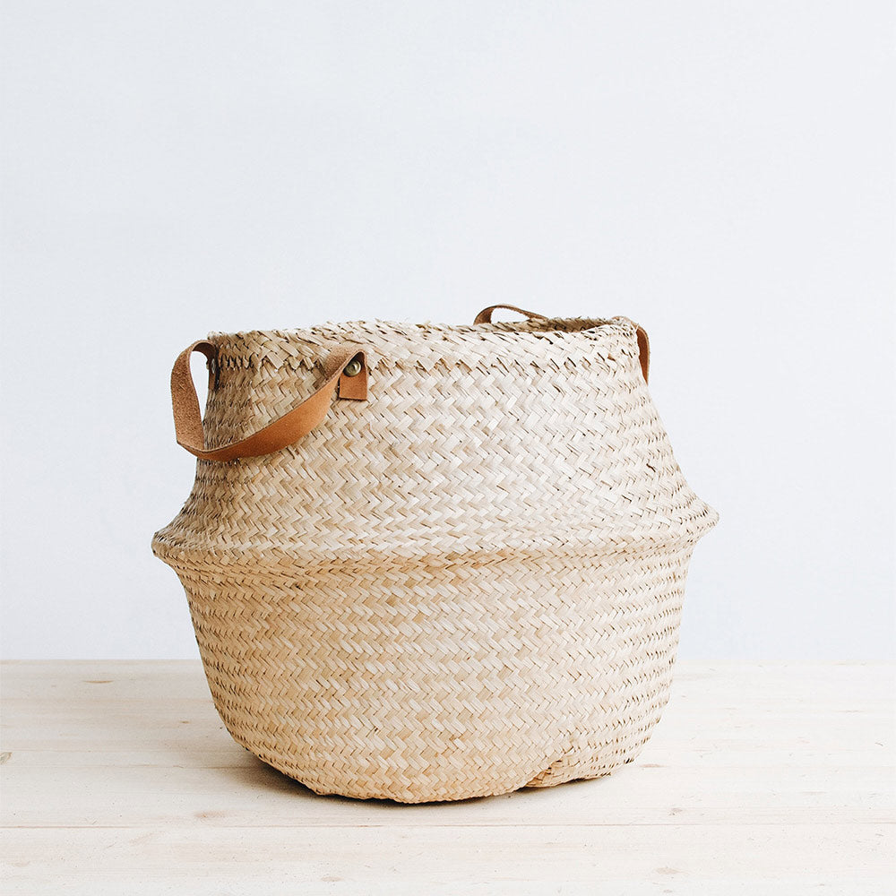 Woven Belly Storage Basket with Leather Handles - Image 2