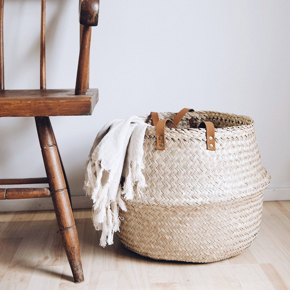 Woven Belly Storage Basket with Leather Handles - Image 3