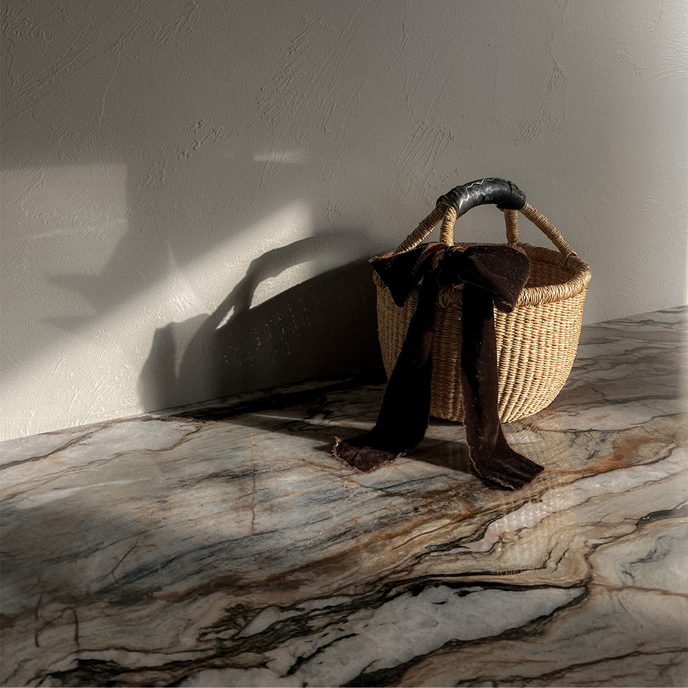 Mini Woven Bolga Market Basket with Black Leather Handle - Image 4