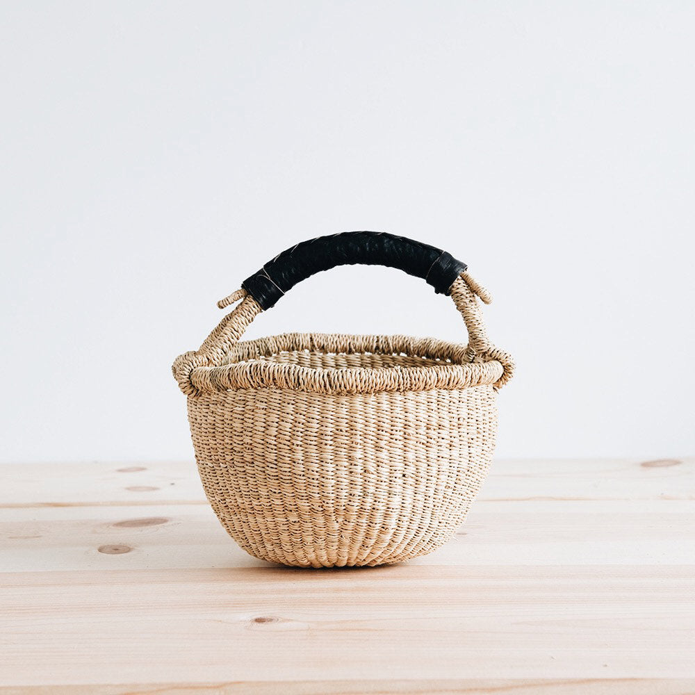 Mini Woven Bolga Market Basket with Black Leather Handle - Image 2